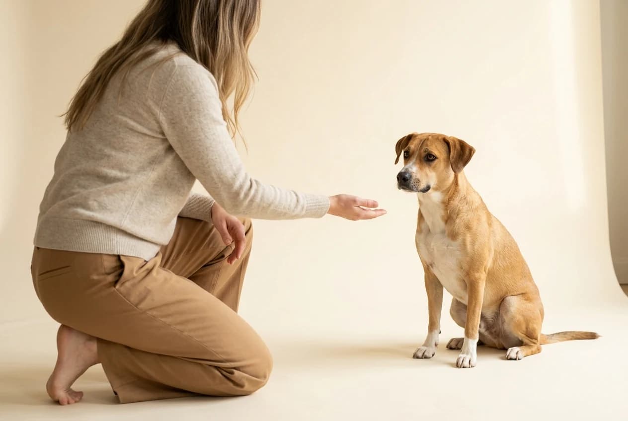 Photographer in a calm studio session with a reactive rescue dog — the patient, editorial register this system was built to book
