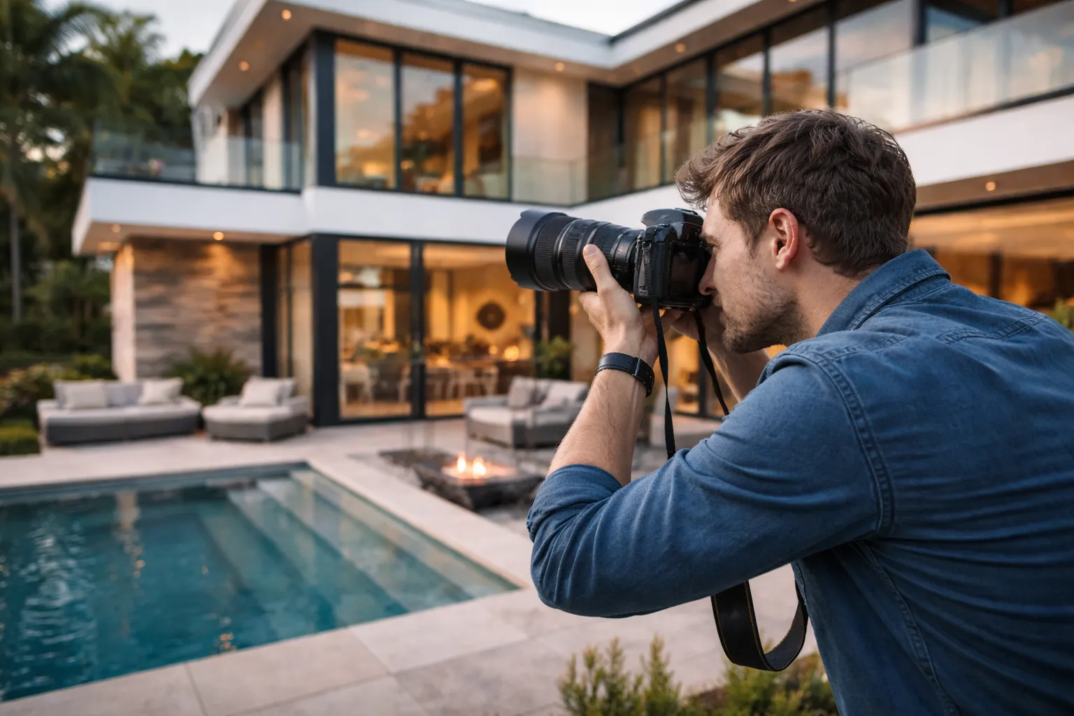 Real estate photographer shooting luxury property exterior at golden hour