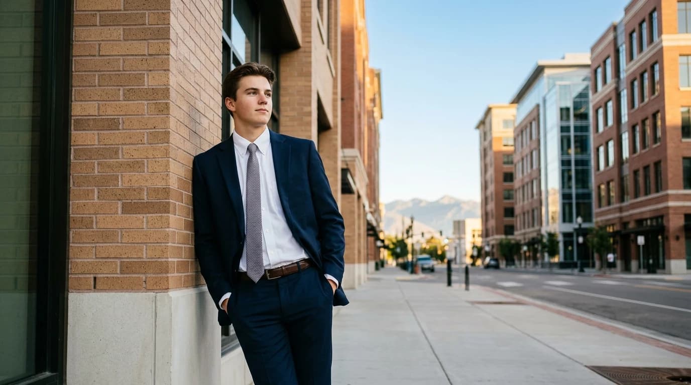 Senior photography marketing system — downtown editorial portrait