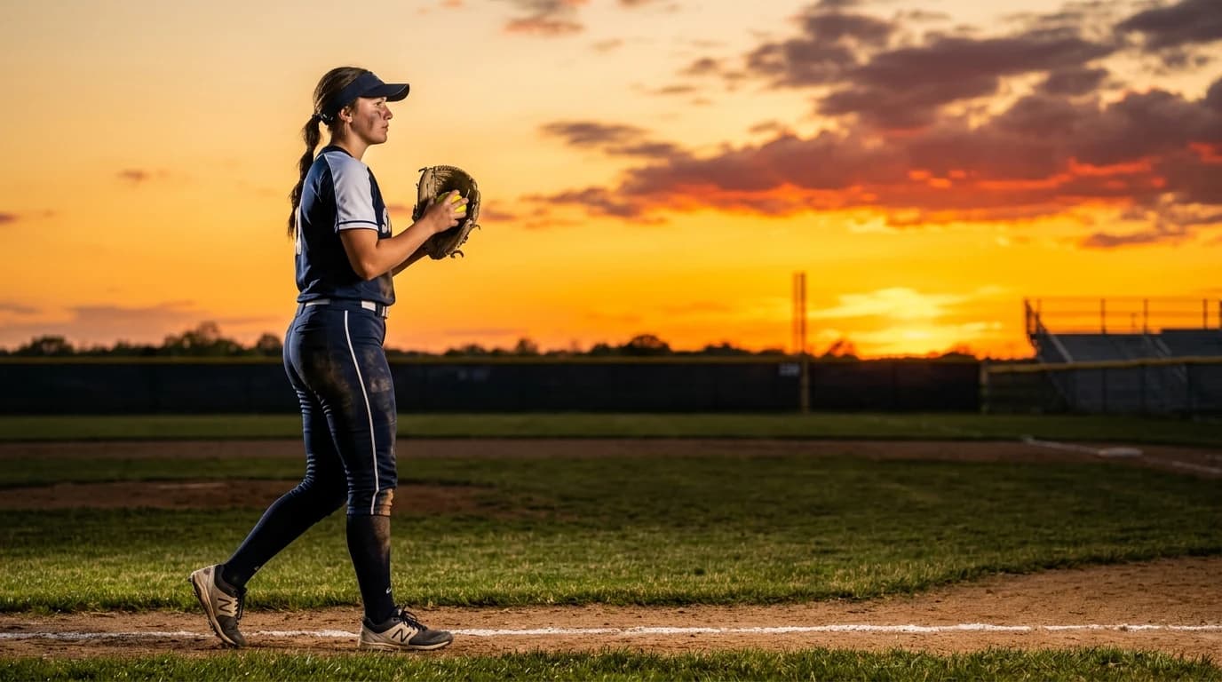 Senior girl on a softball diamond at golden hour, off-camera flash lighting against a vivid sunset sky — athletic editorial senior portrait